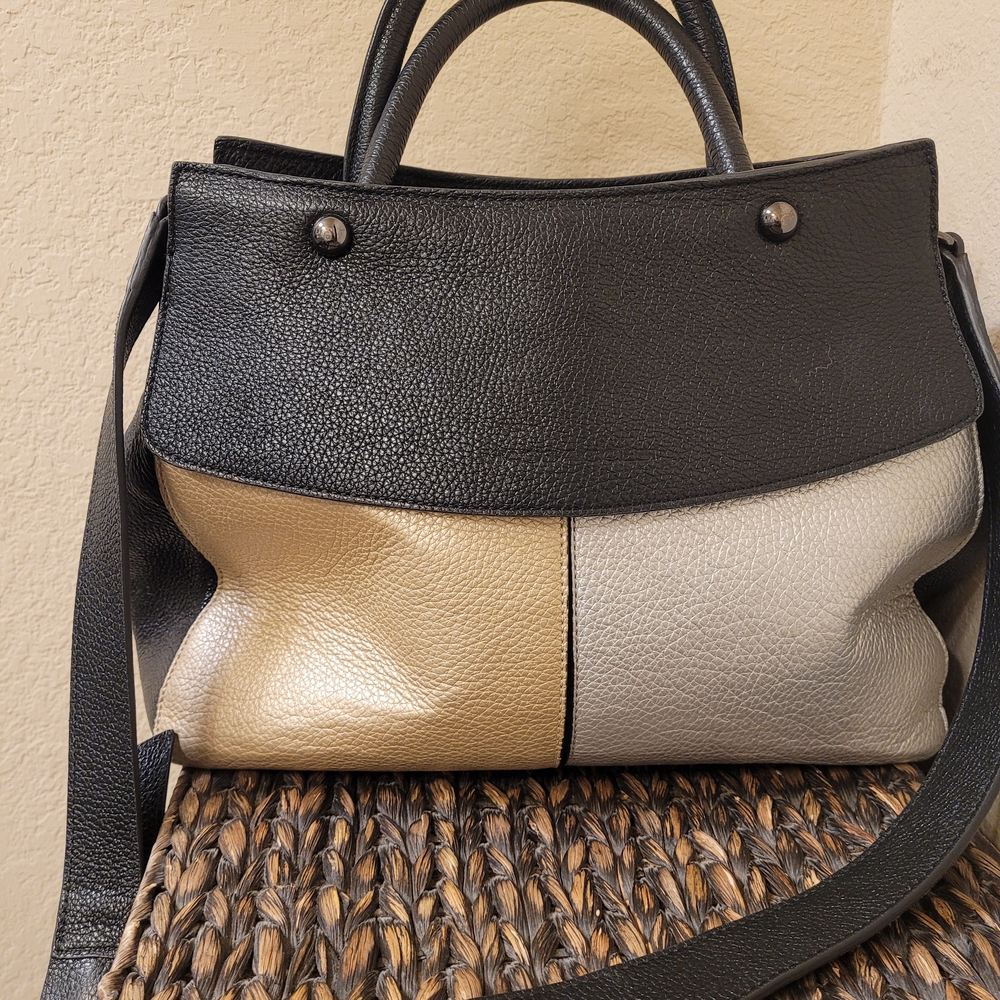 Elegant Metallic Black/Silver/ Gold Colorblock Handbag. Perfect Neutral